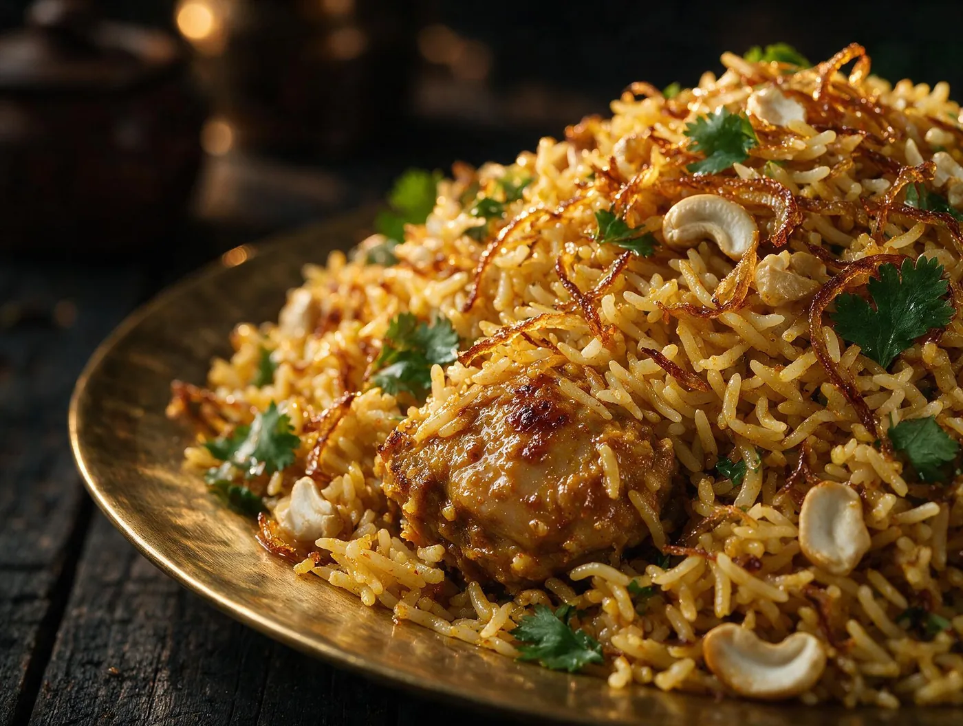 Close-up of Thalassery dum biryani on a brass plate — saffron rice, fried onions, cashews and coriander