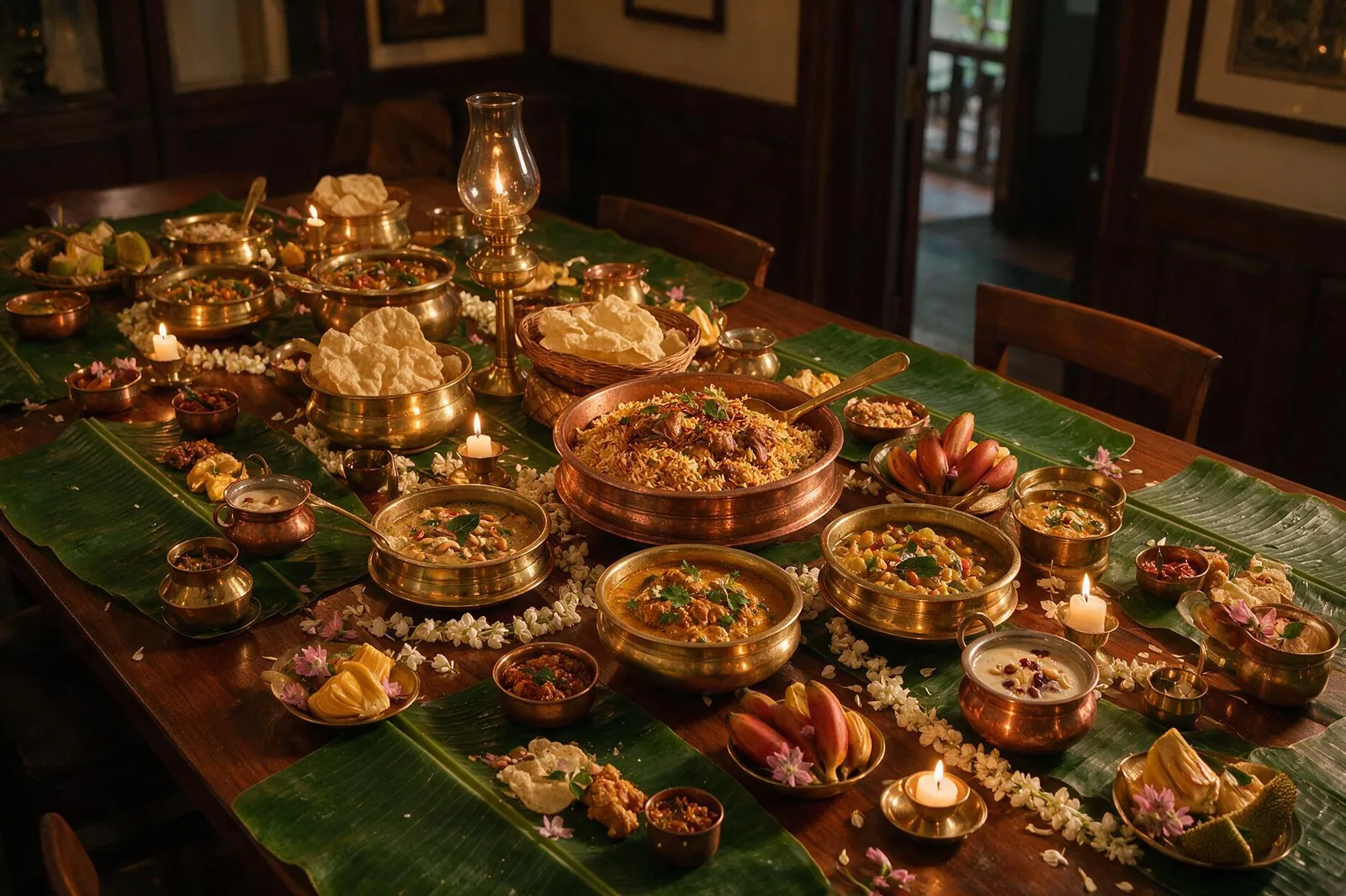 Candlelit Kerala catering spread with brass vessels of curries and biryani laid over banana leaves