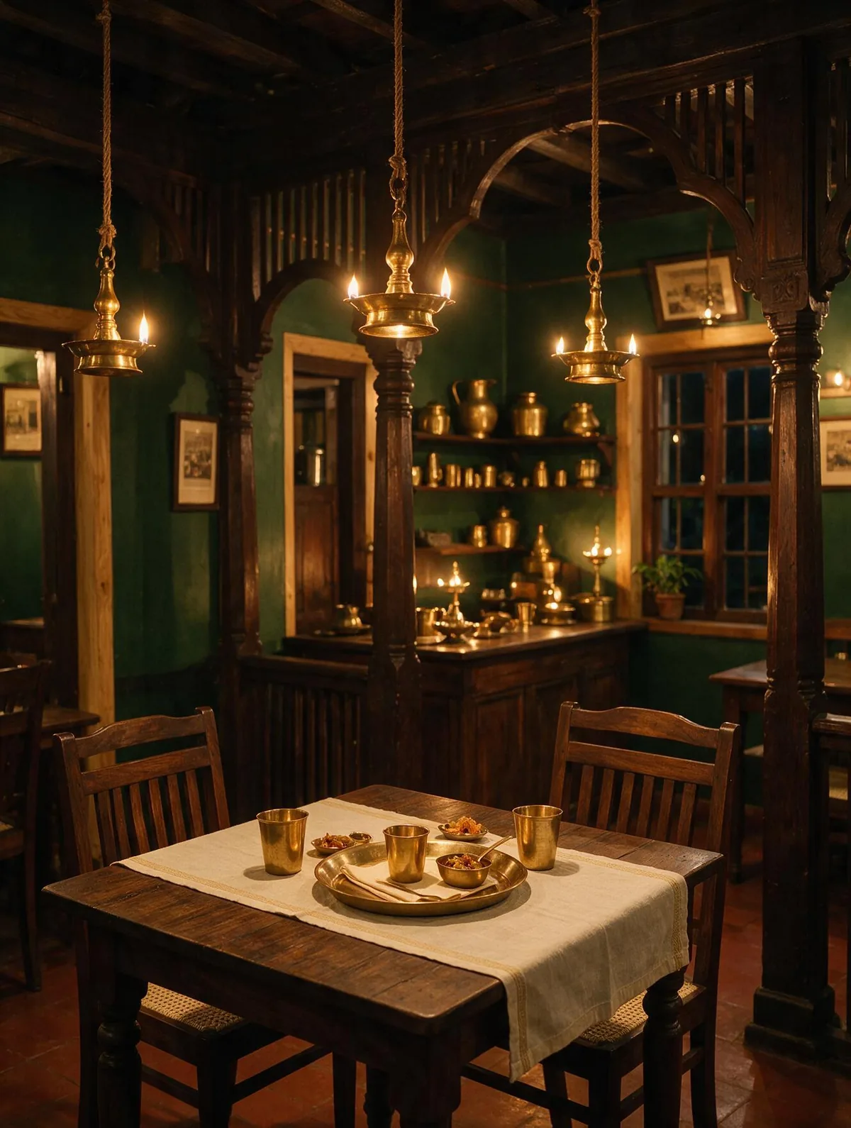 Heritage Kerala dining room with hanging brass oil lamps, carved teak pillars and a table set with brass plates